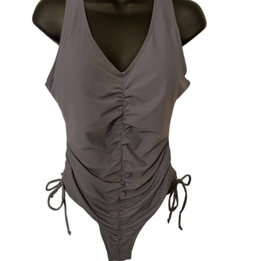 Vintage style ruched gathered one piece drawstring sides gray swimsuit large